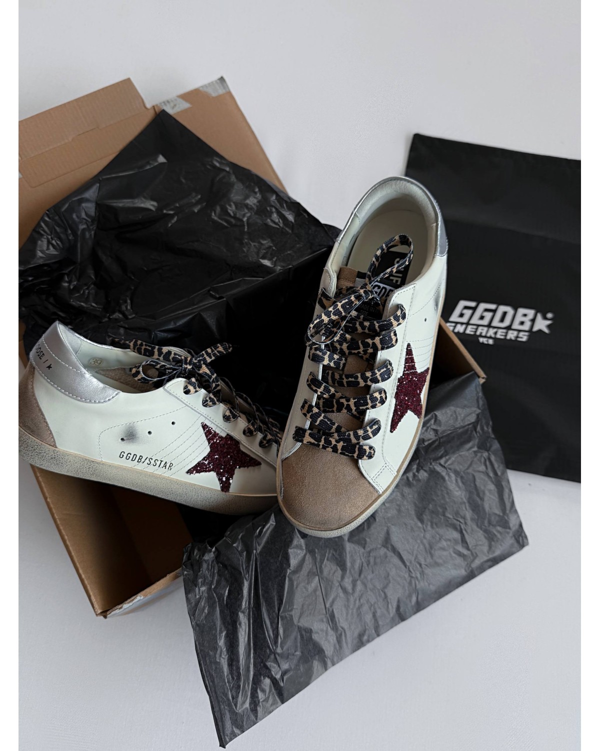 Golden Goose Super-Star Burgundy Glitter Star/Silver Heel Tab