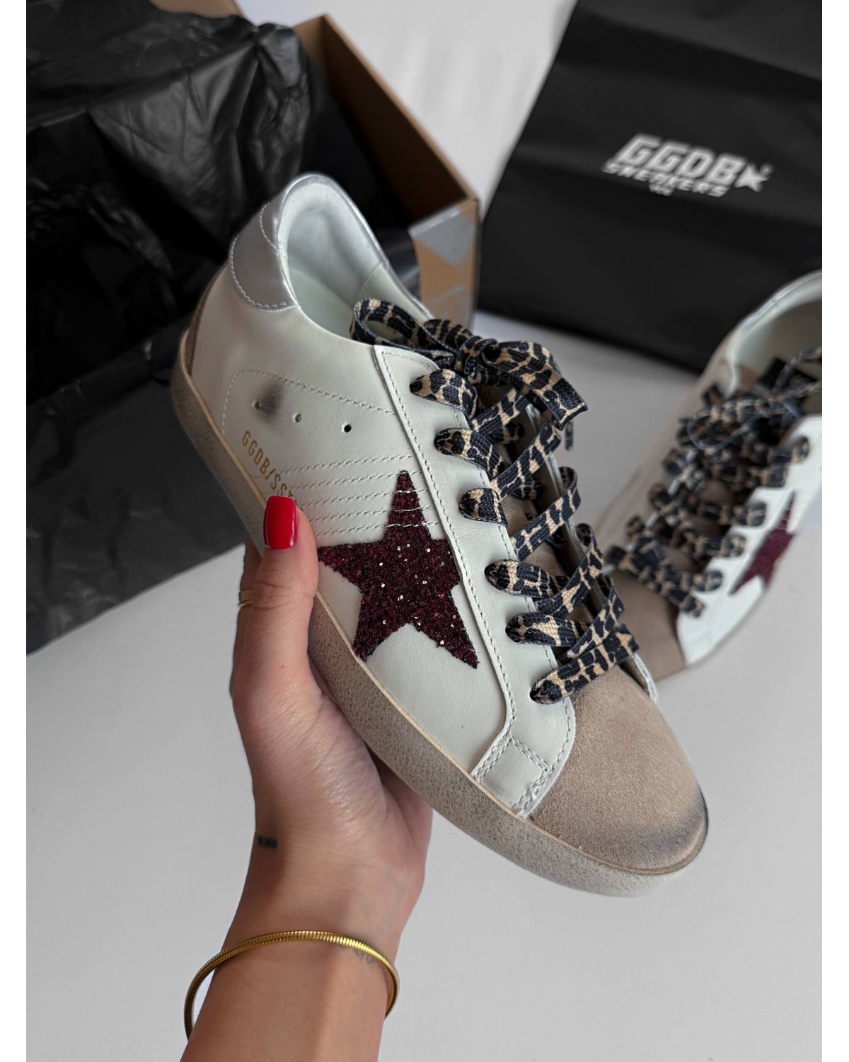 Golden Goose Super-Star Burgundy Glitter Star/Silver Heel Tab