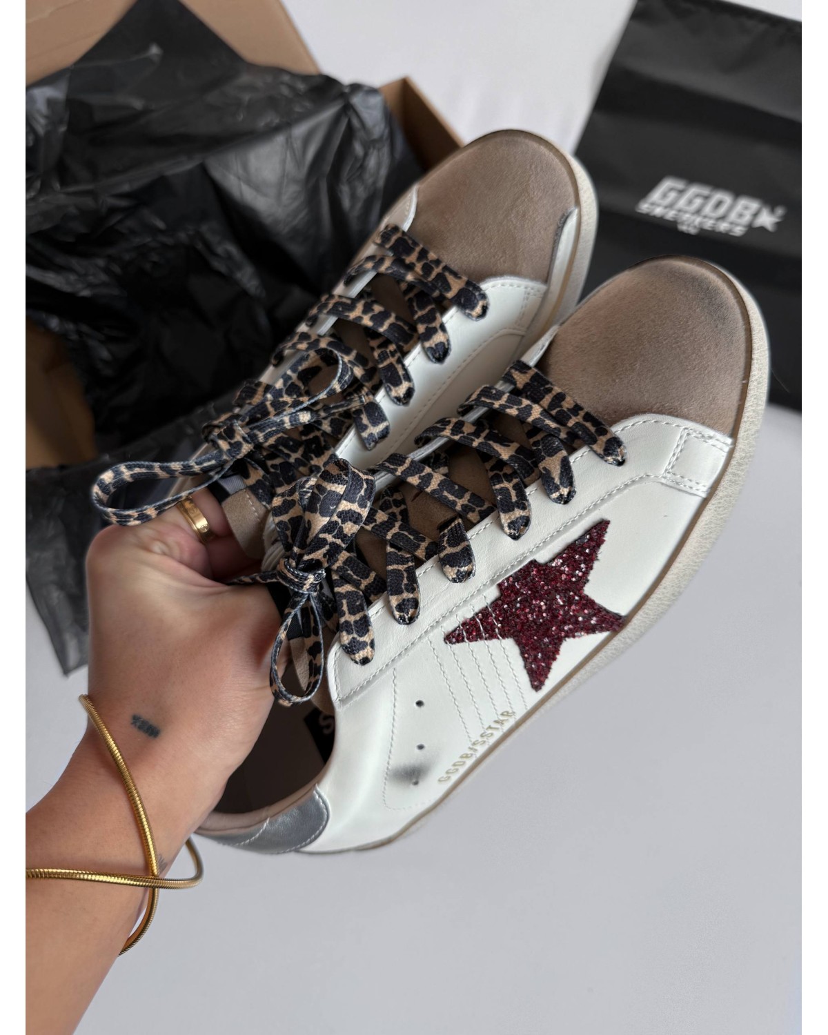 Golden Goose Super-Star Burgundy Glitter Star/Silver Heel Tab