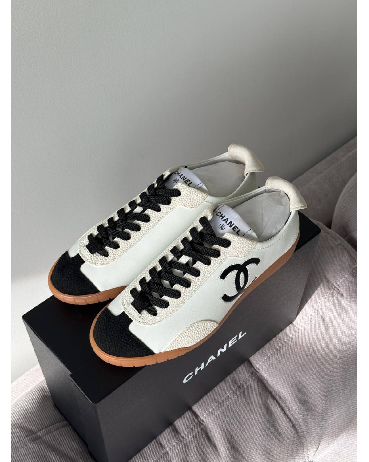 Chanel Bowling Sneakers White Beige Black
